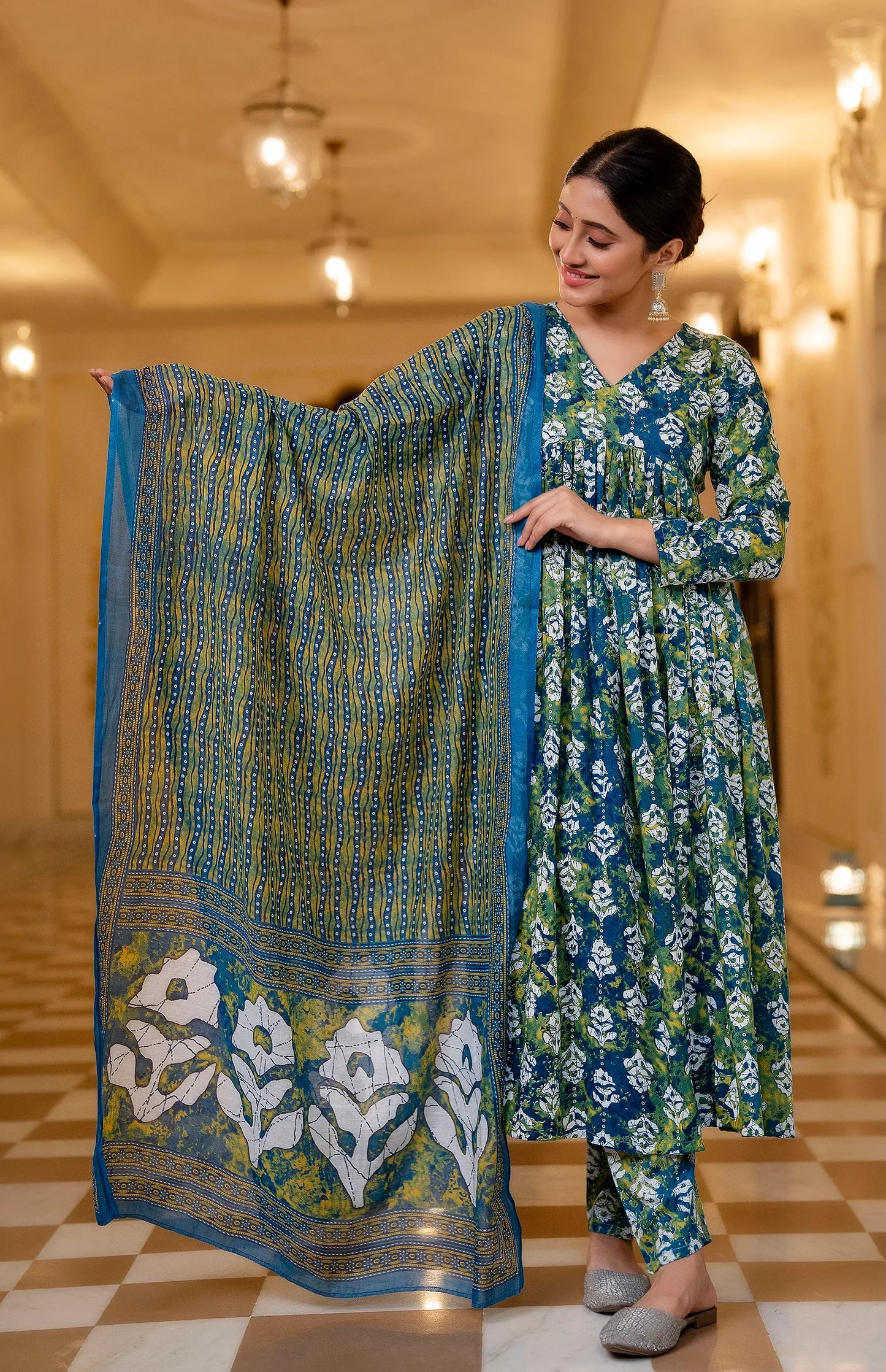 Alia Cut Block Print Mix Rayon Kurta Set
