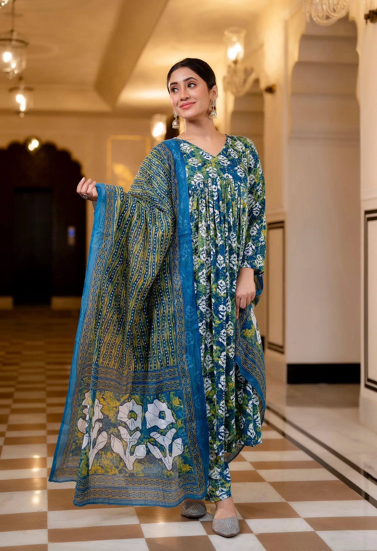 Alia Cut Block Print Mix Rayon Kurta Set