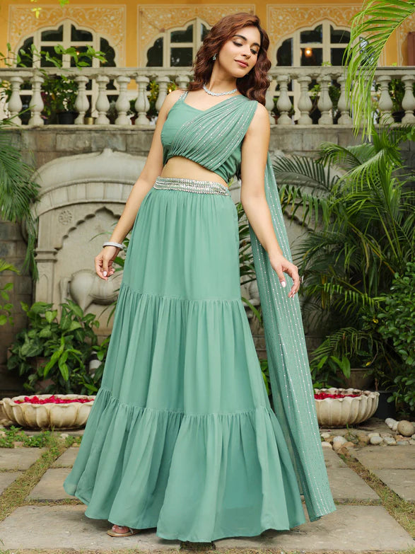 Green Georgette Lehenga with Tiered Sequins Choli Set