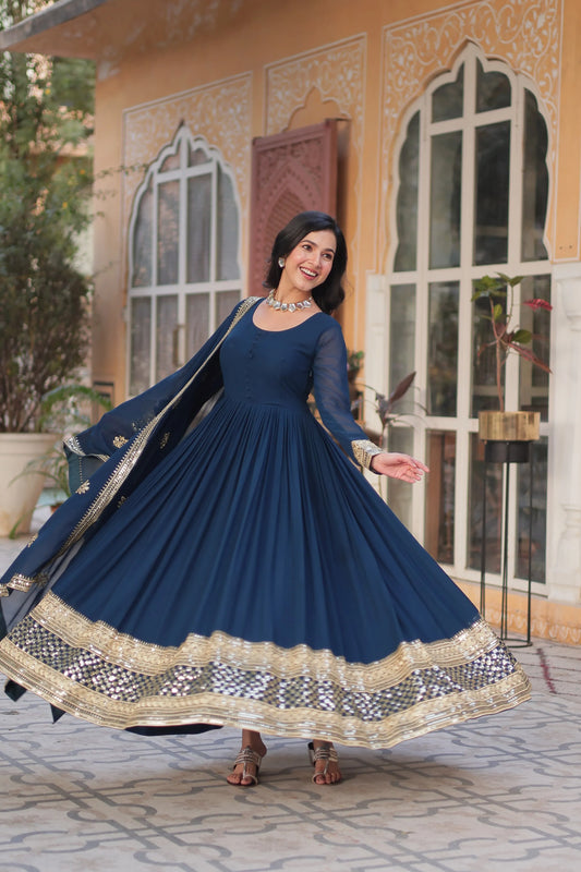 Blue Emroidered Faux Georgette Gown Set