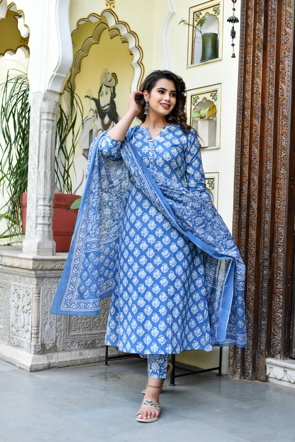 Blue Full Floral Print Mix Rayon Kurta Set