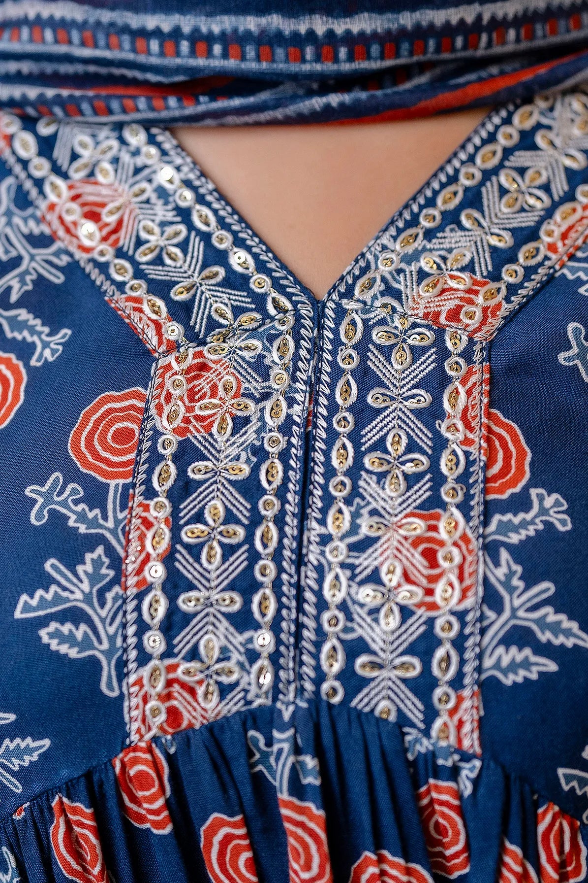 Blue Mix Viscose and Cotton Blend Embroidred Floral Print Kurta Set