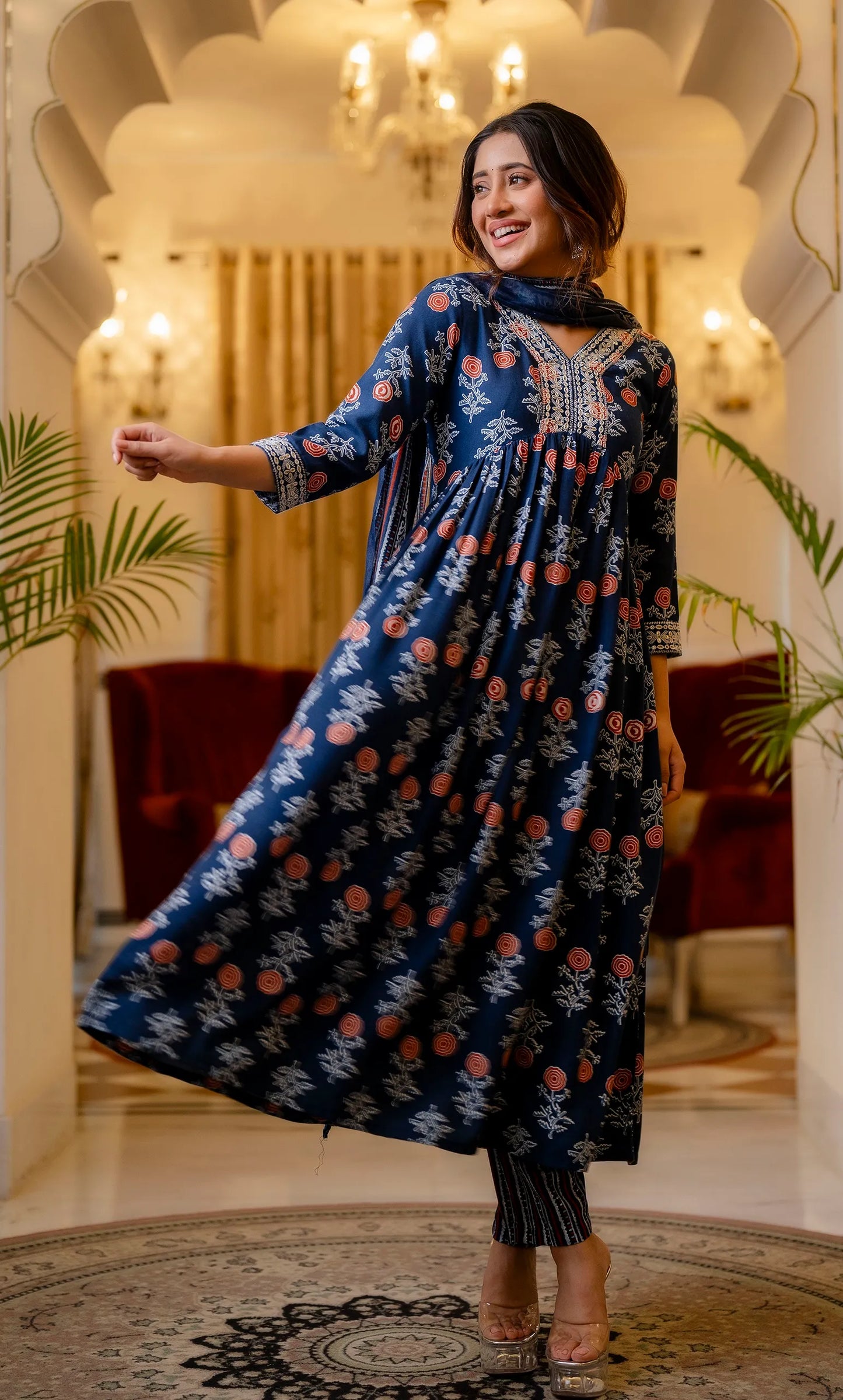 Blue Mix Viscose and Cotton Blend Embroidred Floral Print Kurta Set