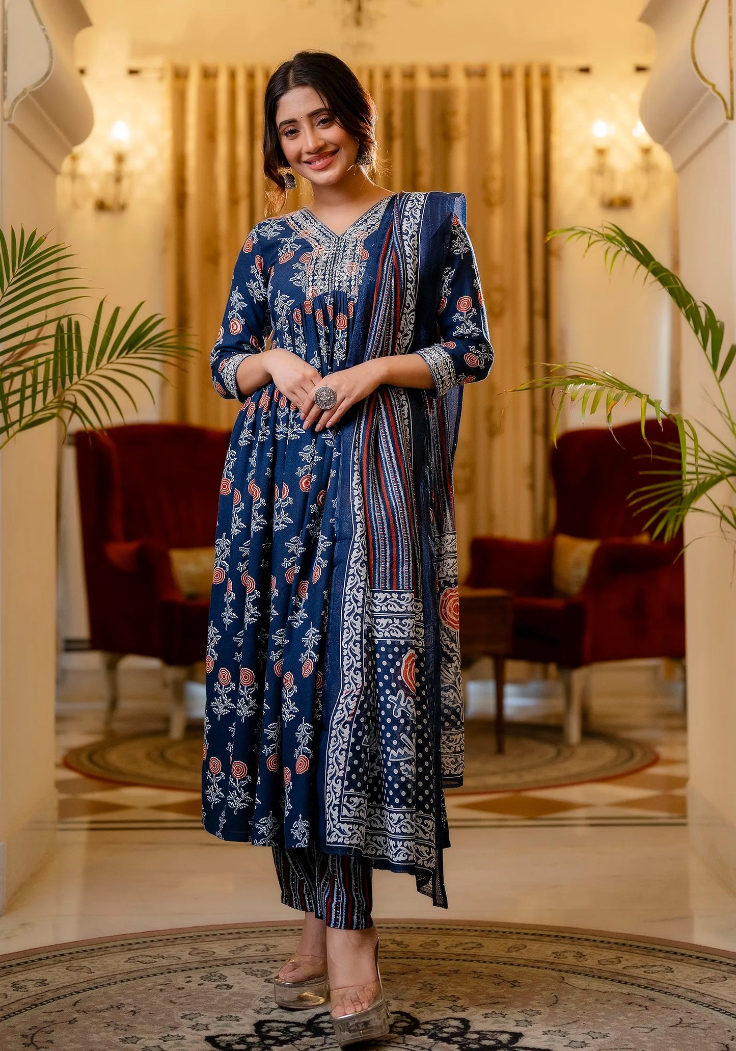 Blue Mix Viscose and Cotton Blend Embroidred Floral Print Kurta Set