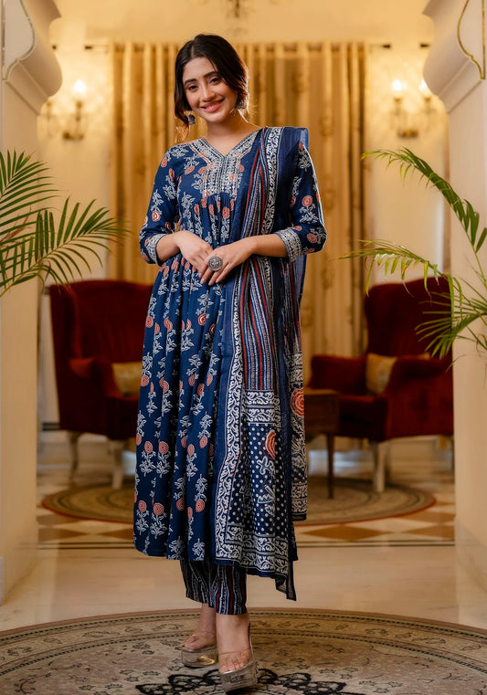 Blue Mix Viscose and Cotton Blend Embroidred Floral Print Kurta Set