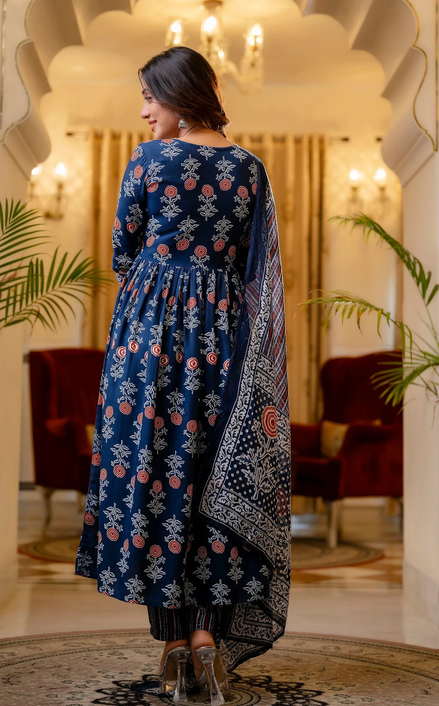 Blue Mix Viscose and Cotton Blend Embroidred Floral Print Kurta Set