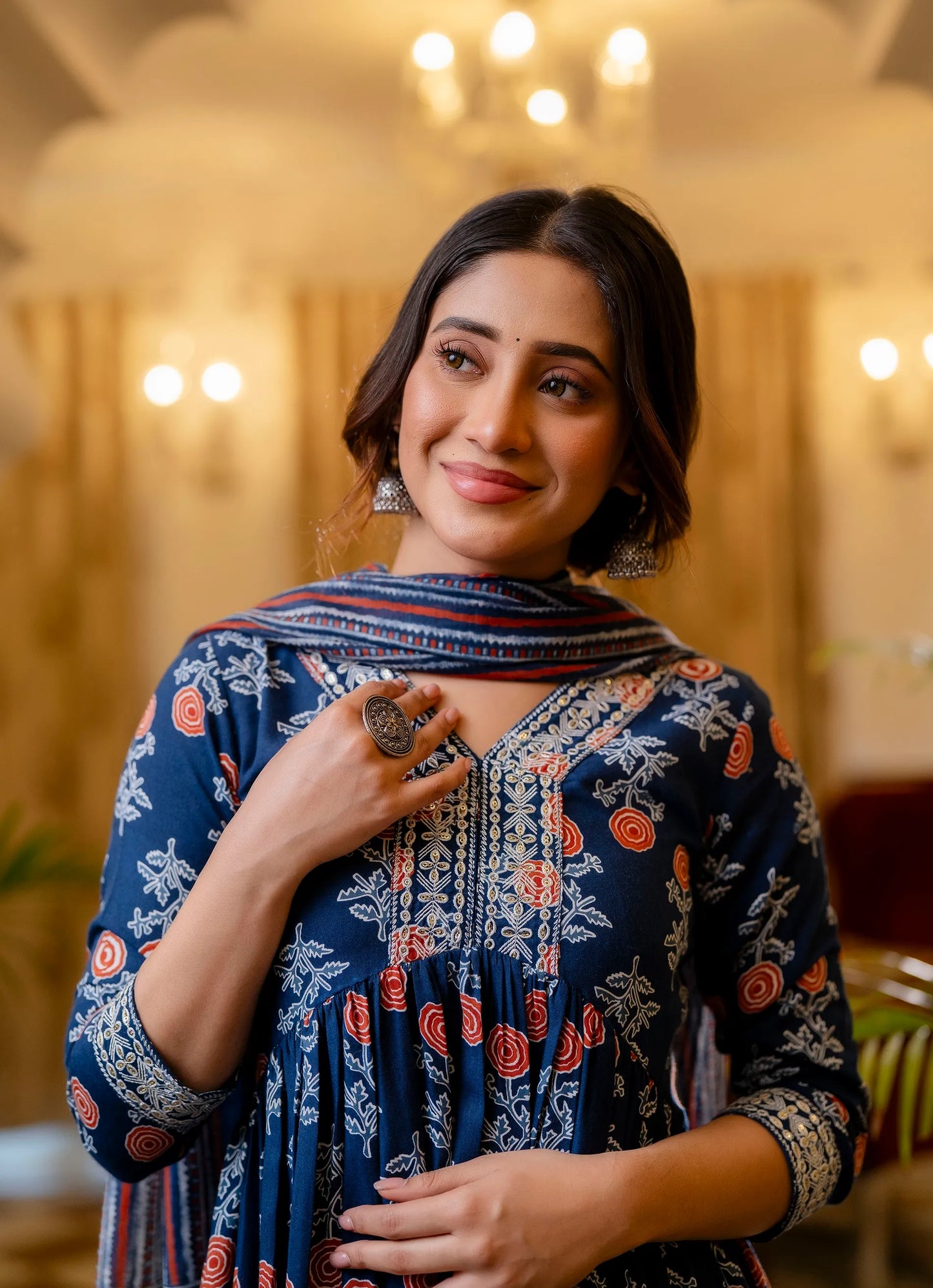 Blue Mix Viscose and Cotton Blend Embroidred Floral Print Kurta Set
