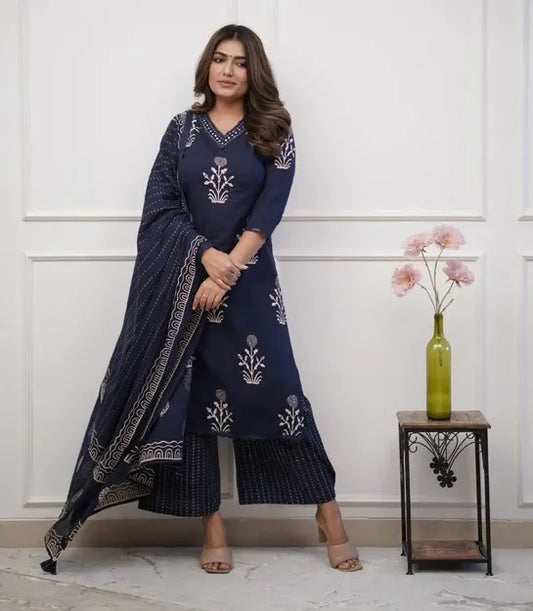 Blue Mix Viscose V-Neck Digital Print Kurta Set