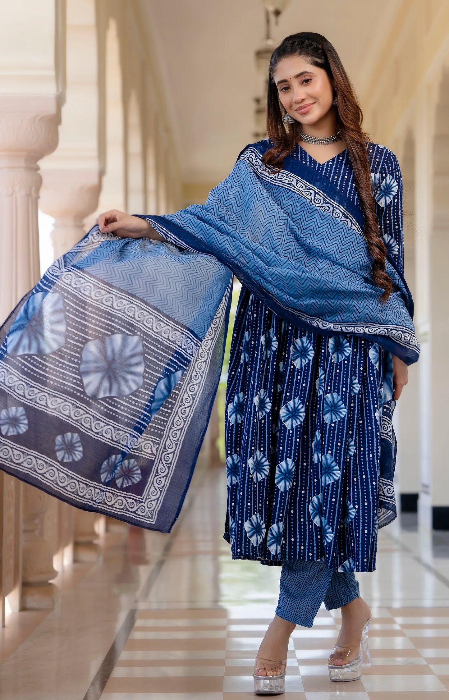 Dark Blue Digital Print Mix Rayon Alia Cut Kurta Pant and Dupatta Set