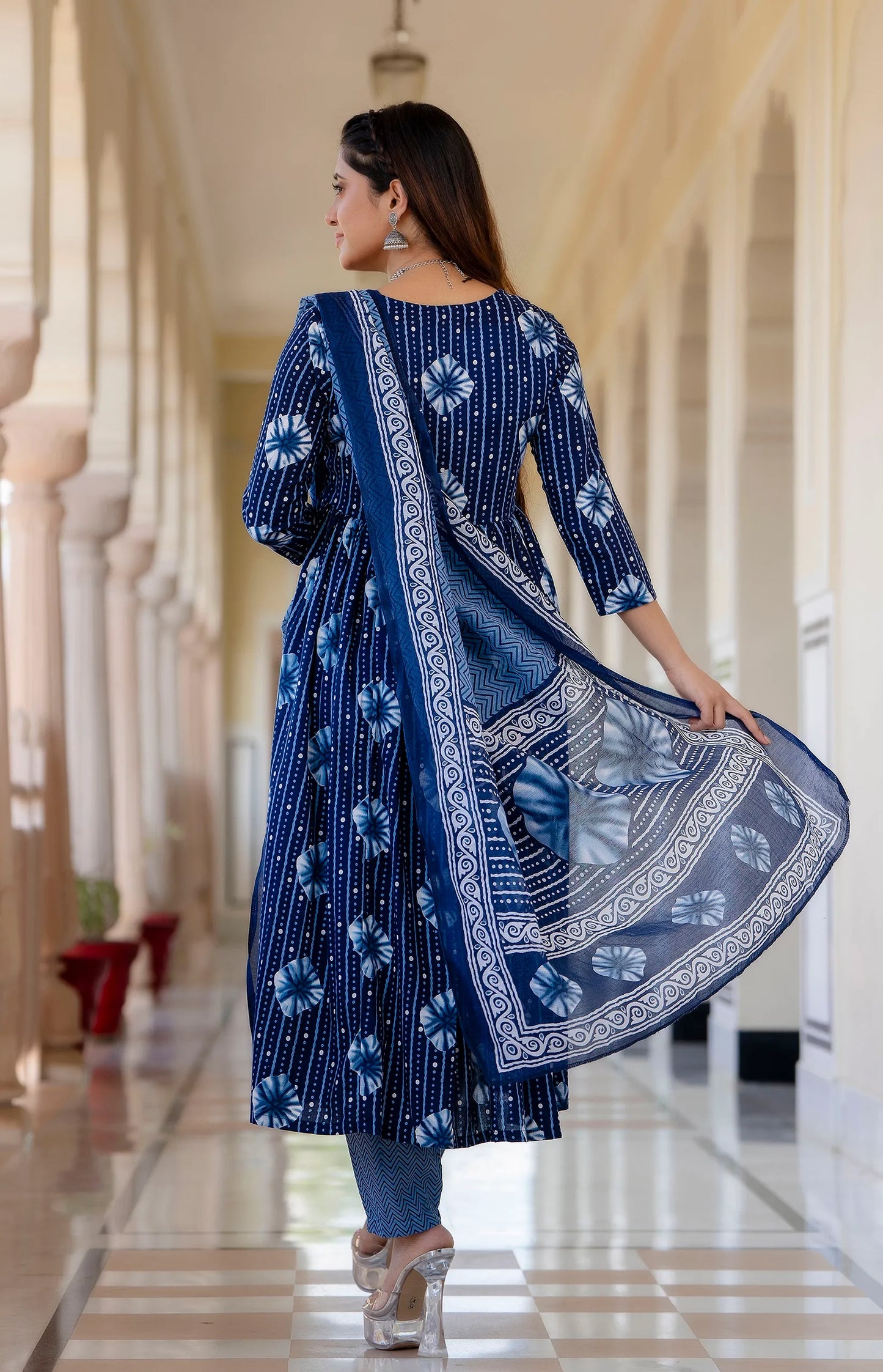 Dark Blue Digital Print Mix Rayon Alia Cut Kurta Pant and Dupatta Set