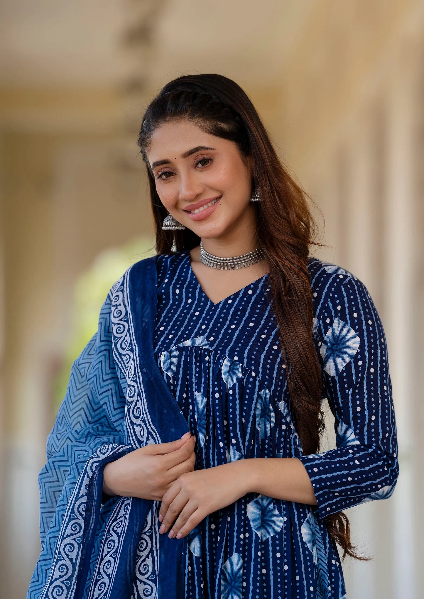 Dark Blue Digital Print Mix Rayon Alia Cut Kurta Pant and Dupatta Set