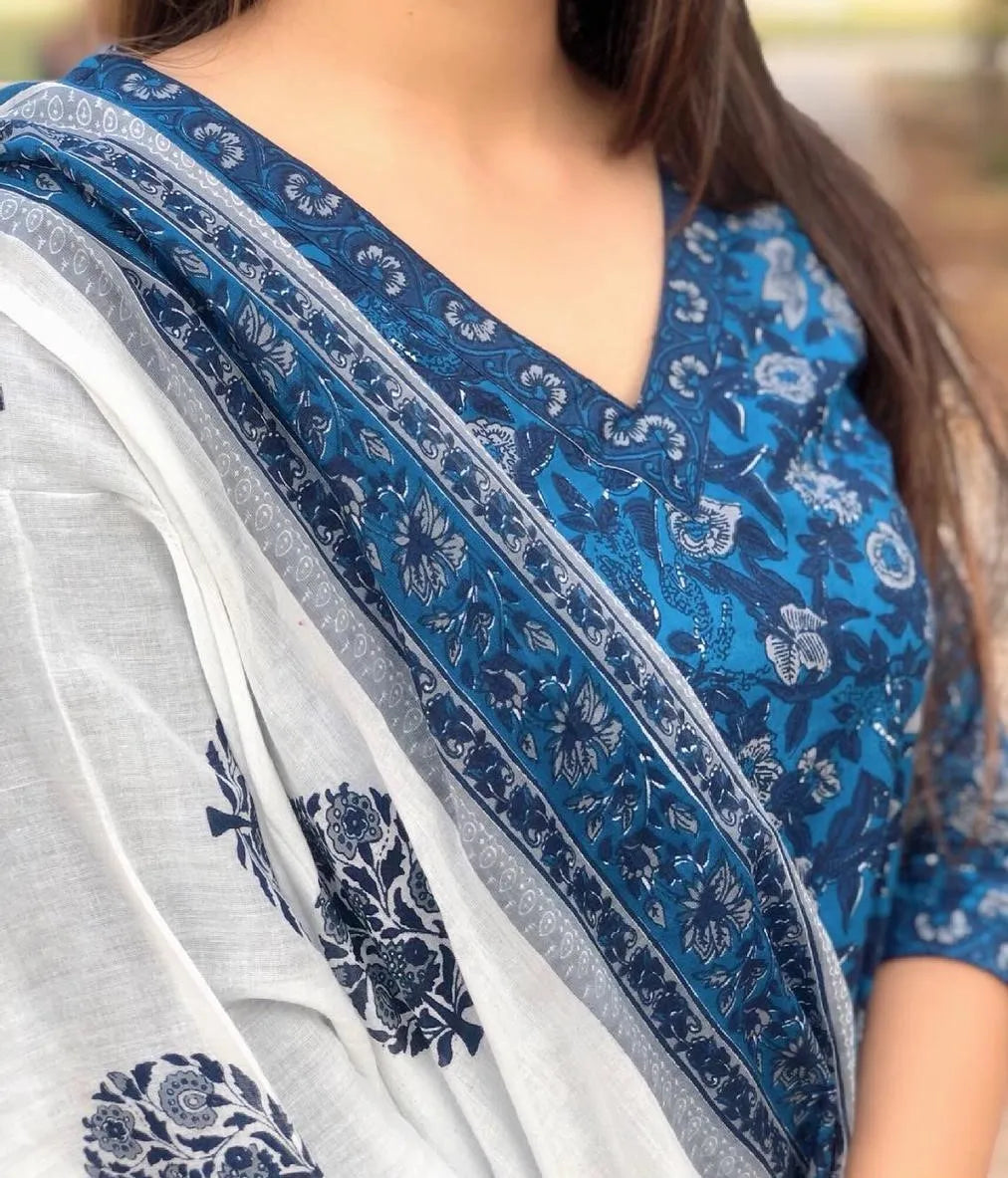 Dark Blue Full Floral Block Print Stylish Suit