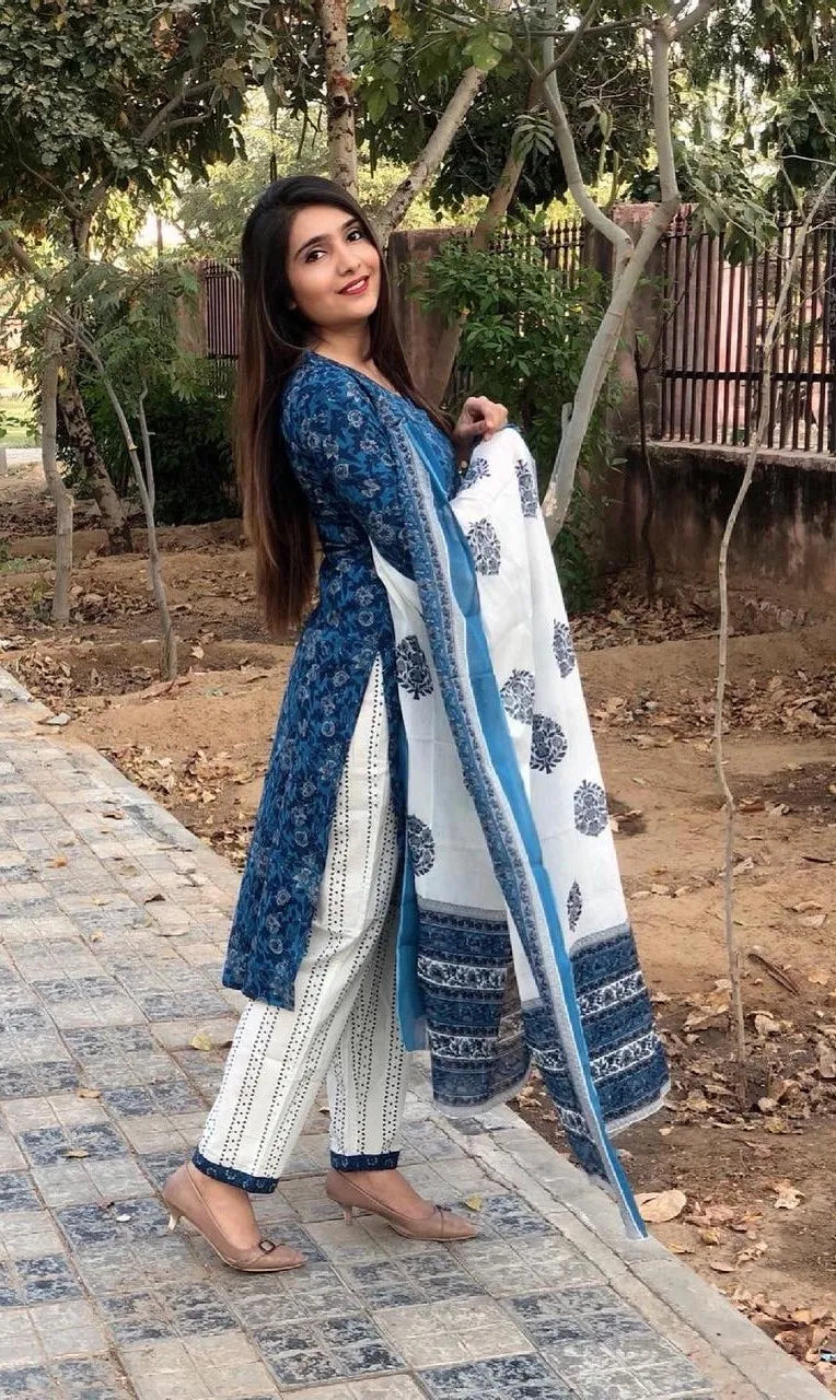 Dark Blue Full Floral Block Print Stylish Suit