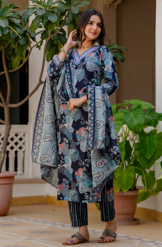 Digital Print Cotton Blend and Mix Viscose Kurta Pant and Dupatta Set