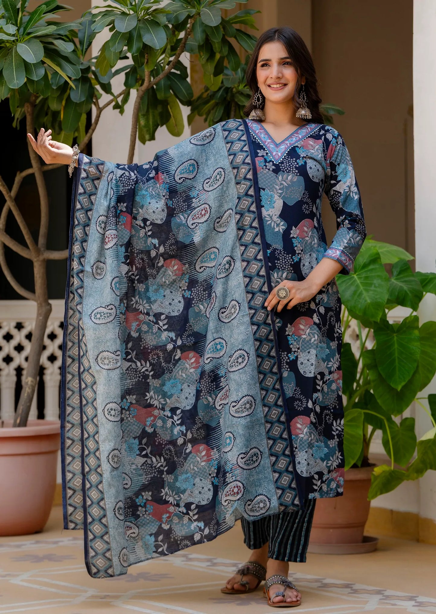Digital Print Cotton Blend and Mix Viscose Kurta Pant and Dupatta Set