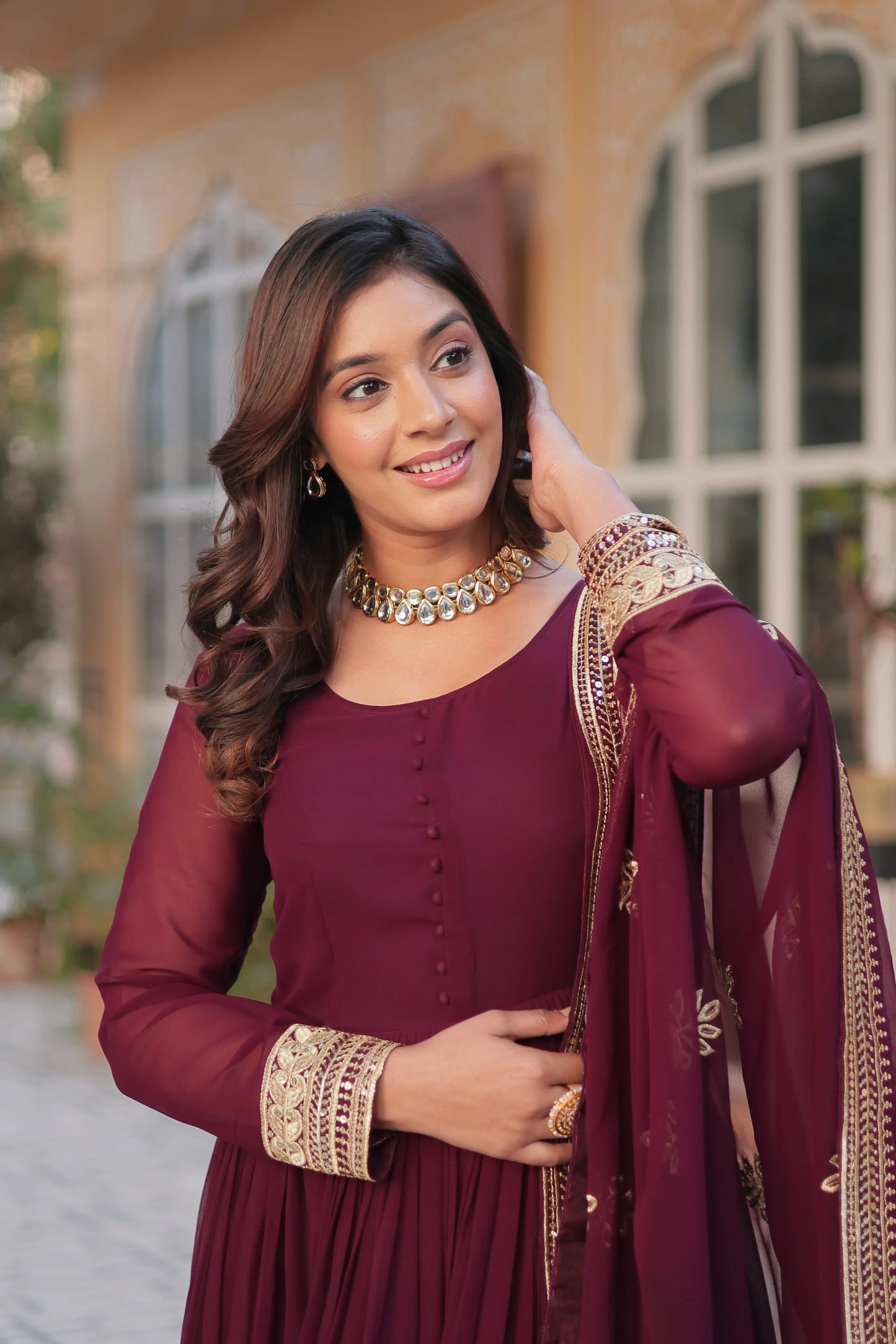 Maroon Emroidered Faux Georgette Gown Set