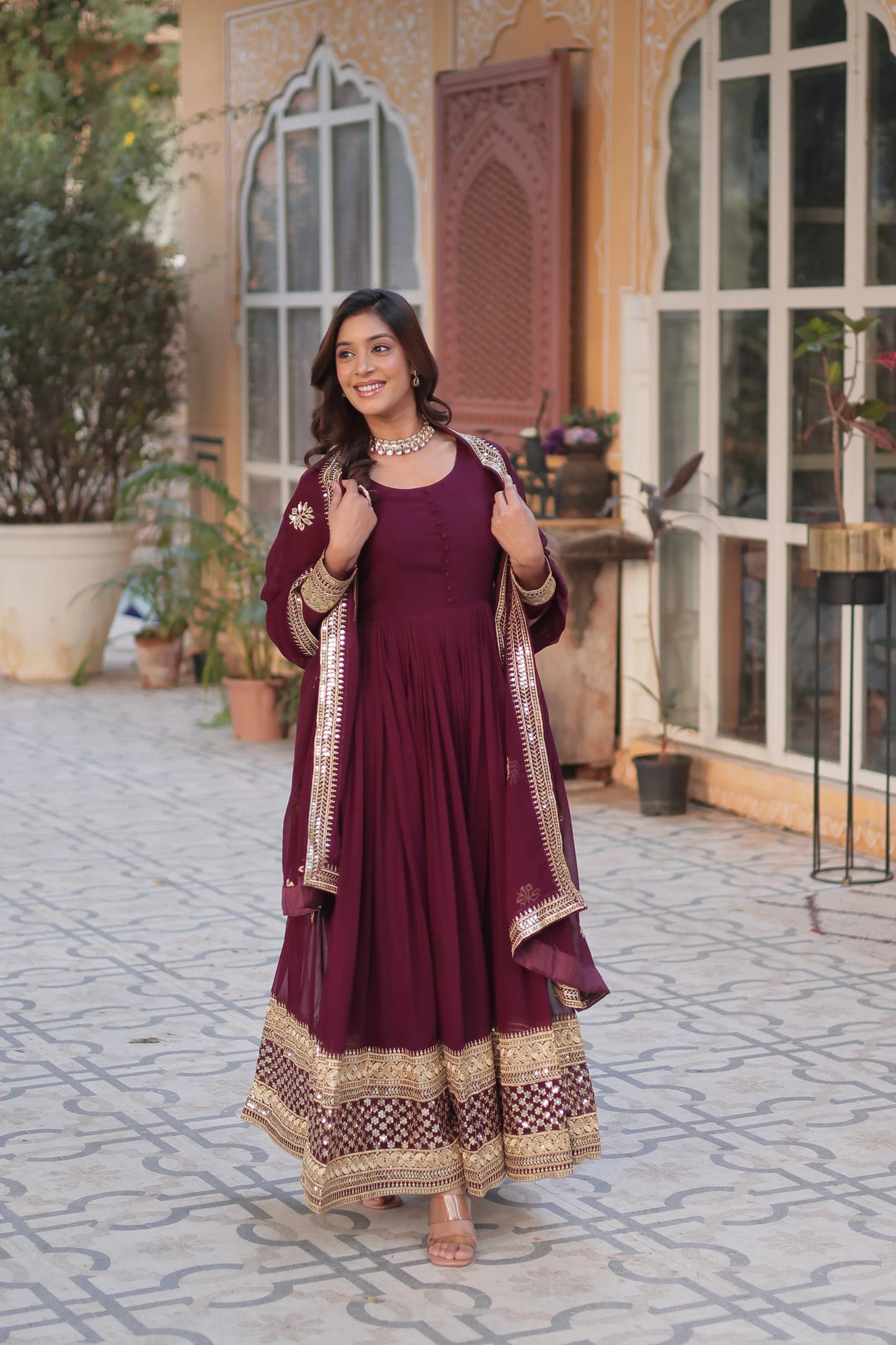Maroon Emroidered Faux Georgette Gown Set