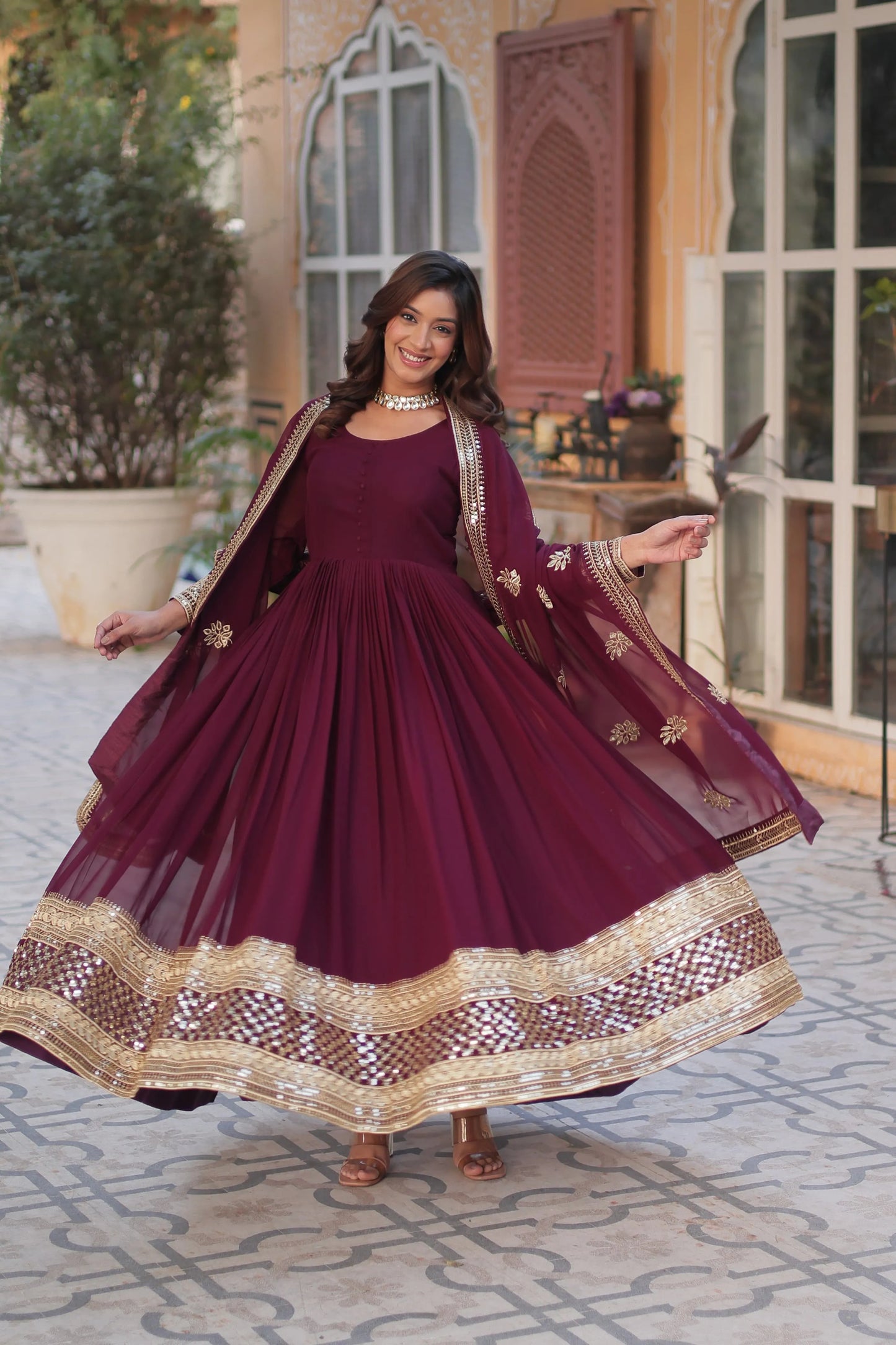 Maroon Emroidered Faux Georgette Gown Set