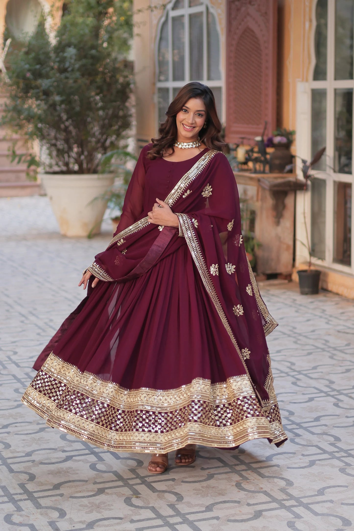 Maroon Emroidered Faux Georgette Gown Set