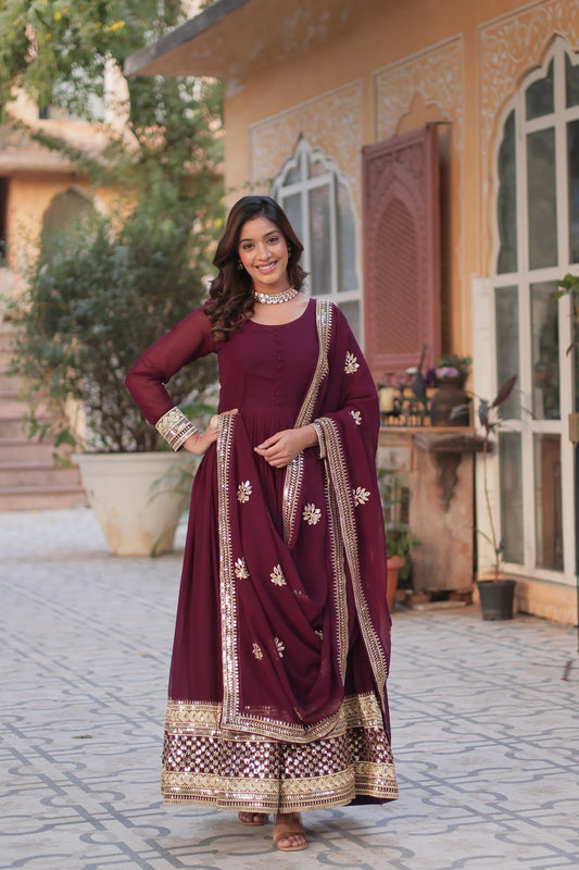 Maroon Emroidered Faux Georgette Gown Set