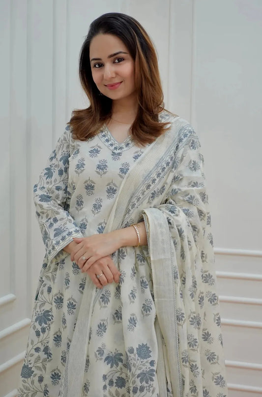 Off White Block Print Mix Rayon Kurta Pant and Dupatta Set