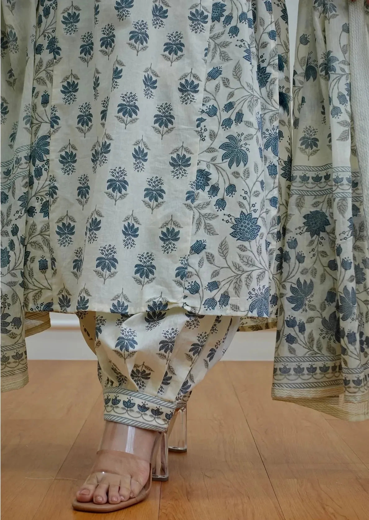 Off White Block Print Mix Rayon Kurta Pant and Dupatta Set