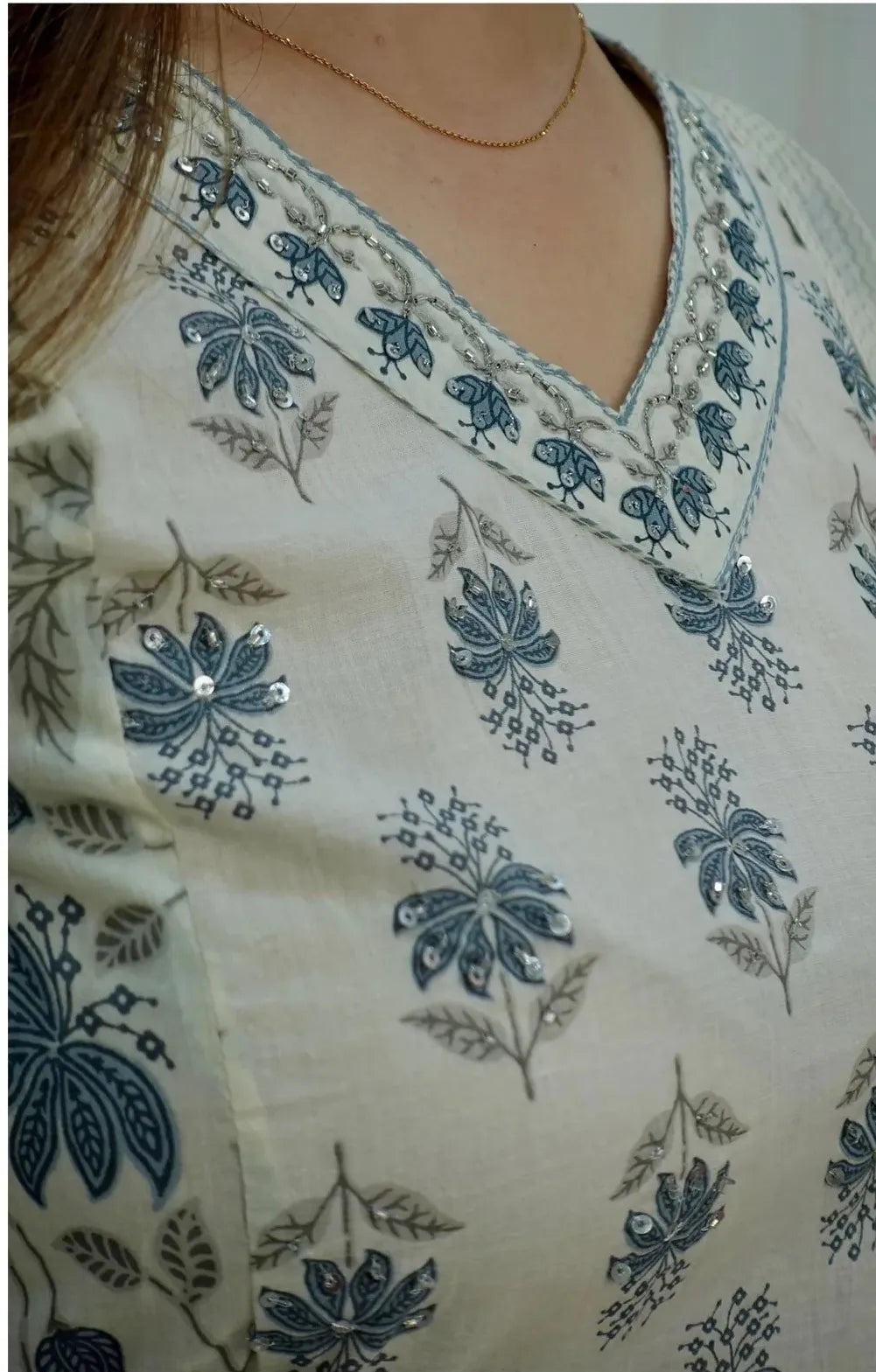 Off White Block Print Mix Rayon Kurta Pant and Dupatta Set