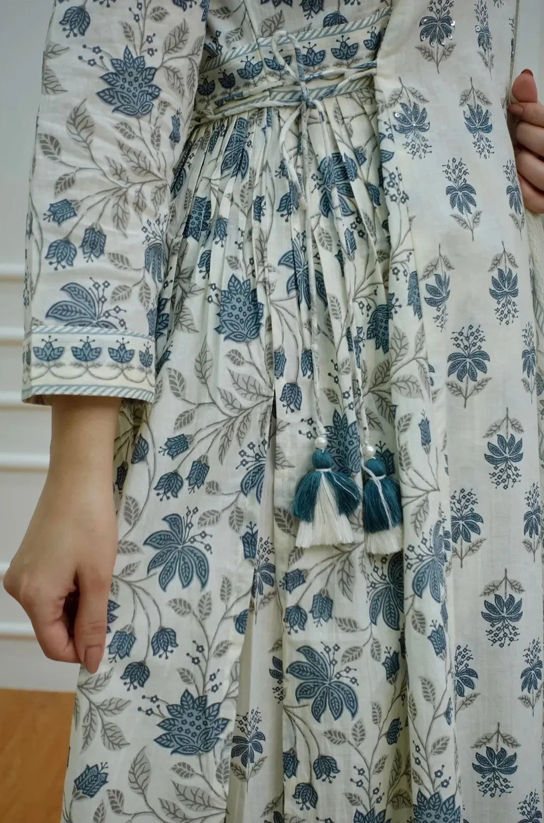 Off White Block Print Mix Rayon Kurta Pant and Dupatta Set