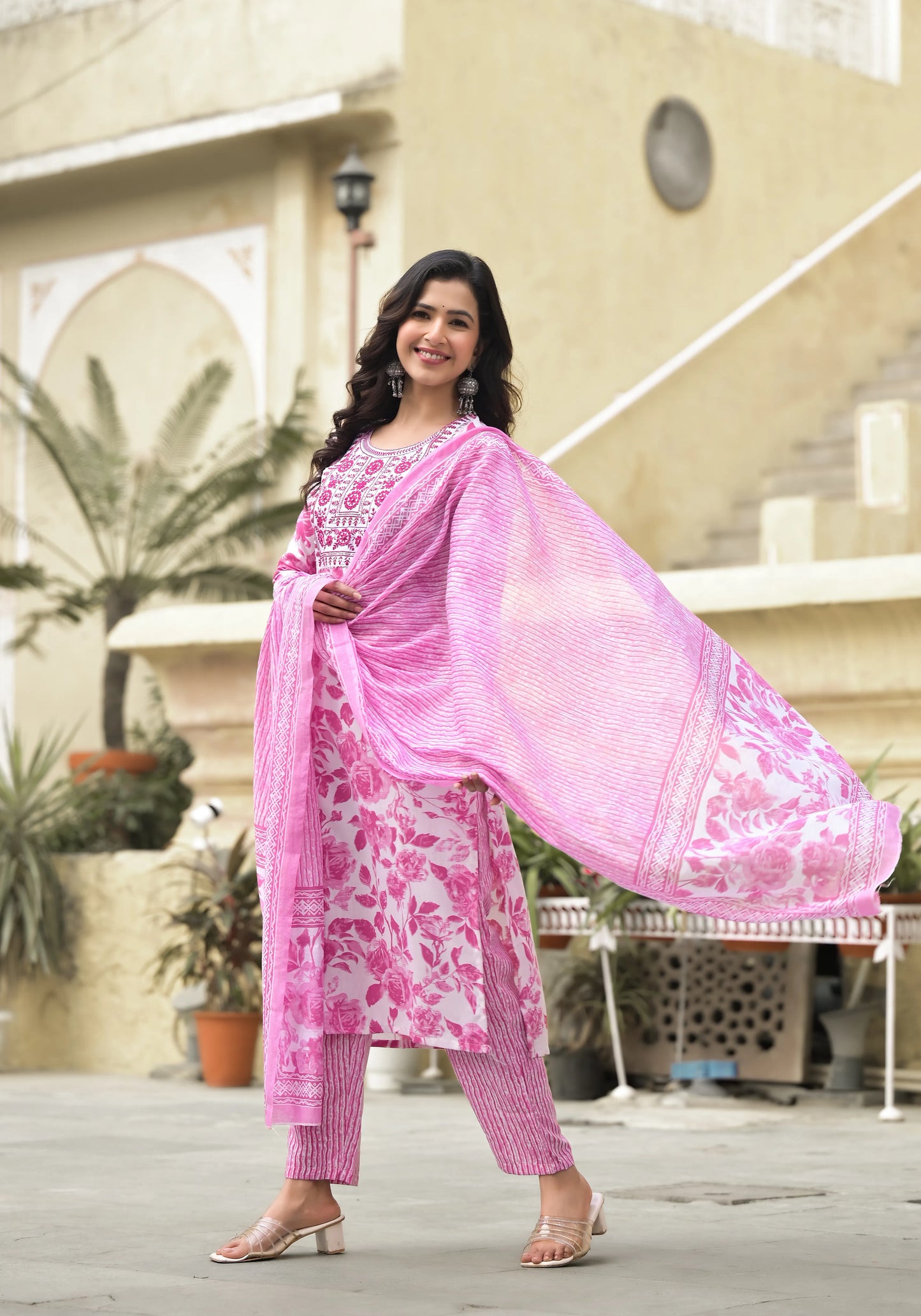 Pink Embroidered Floral Print Mix Viscose Kurta Set