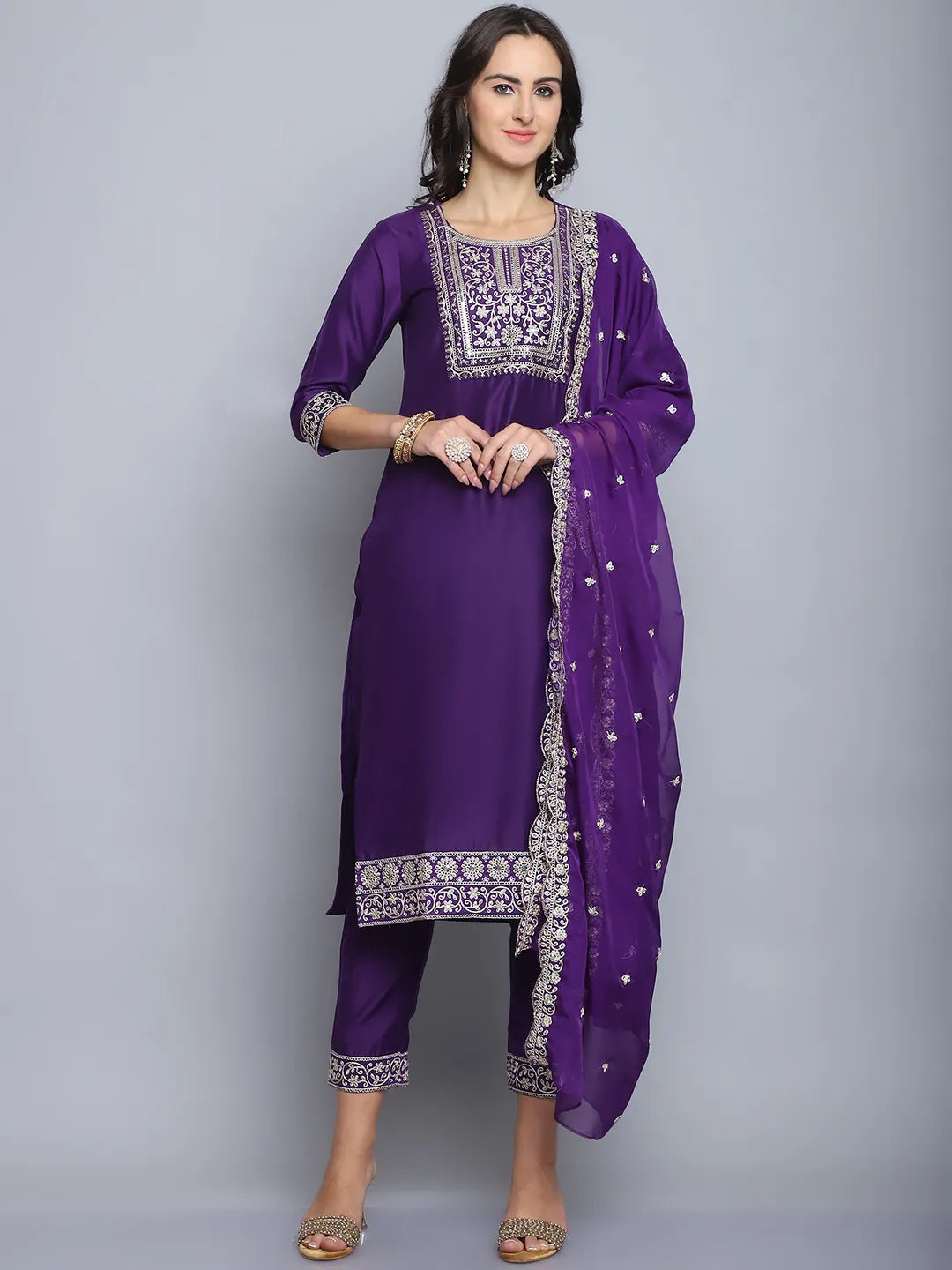 Purple Emboridery Work Silk Kurta Set