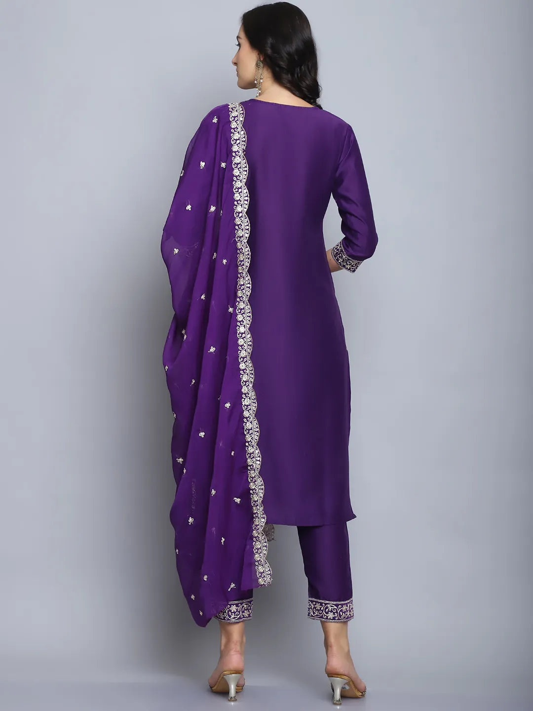 Purple Emboridery Work Silk Kurta Set