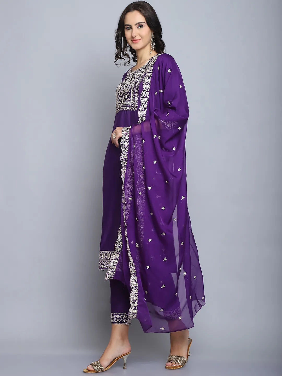 Purple Emboridery Work Silk Kurta Set
