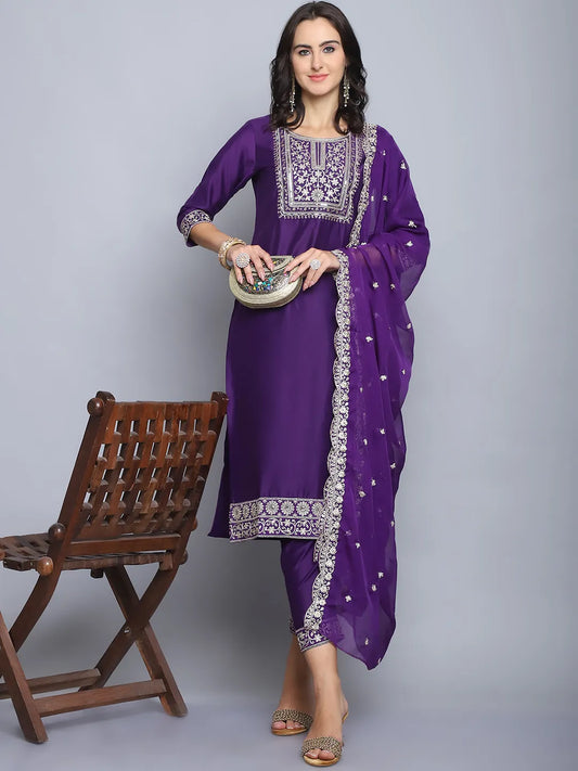 Purple Emboridery Work Silk Kurta Set