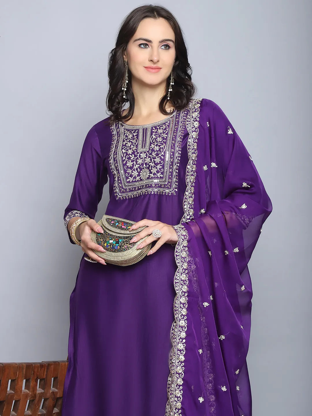 Purple Emboridery Work Silk Kurta Set