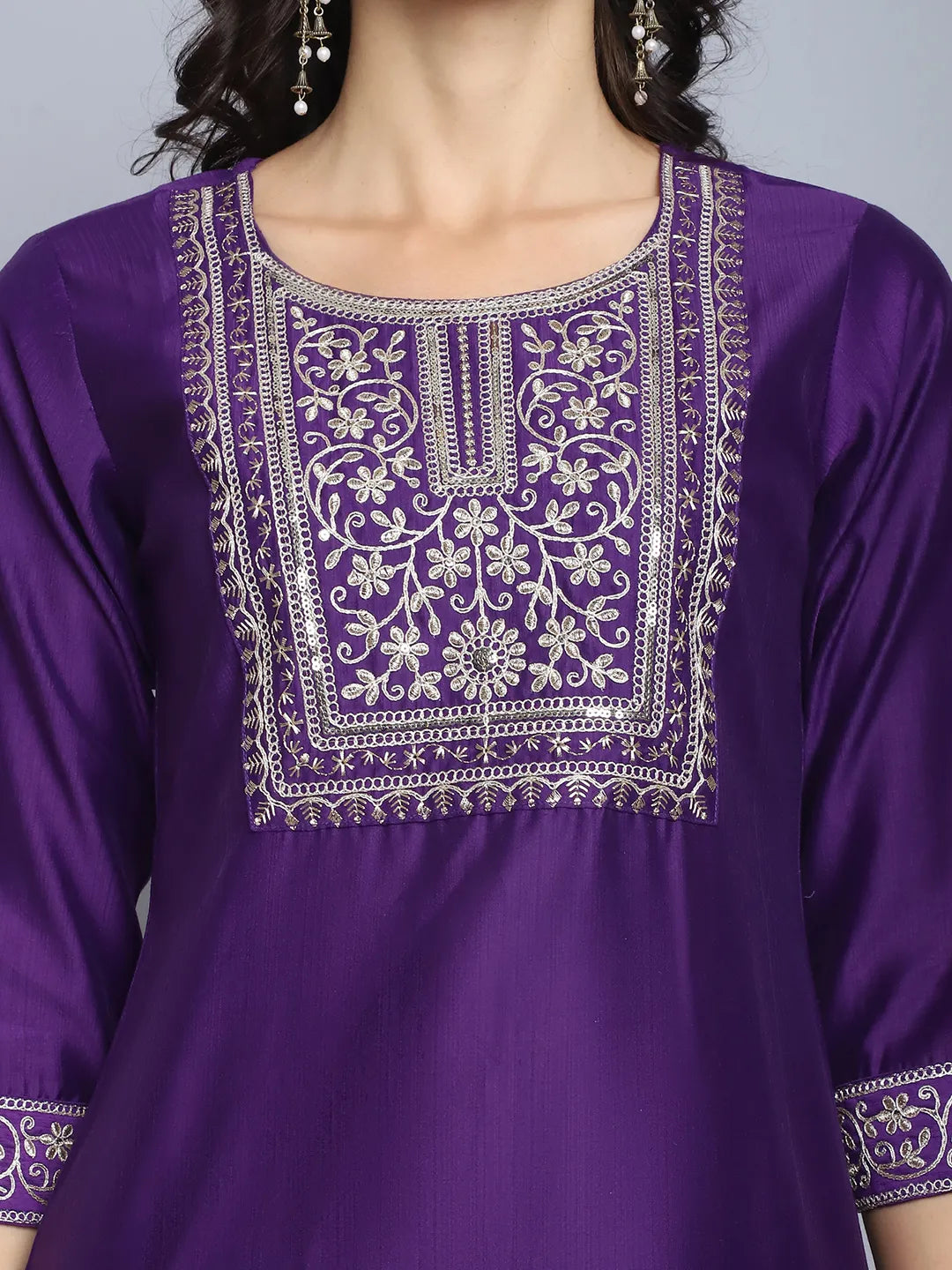 Purple Emboridery Work Silk Kurta Set