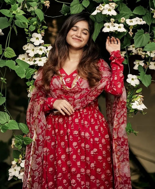Red Anarkali Floral Print Mix Viscose Kurta Set