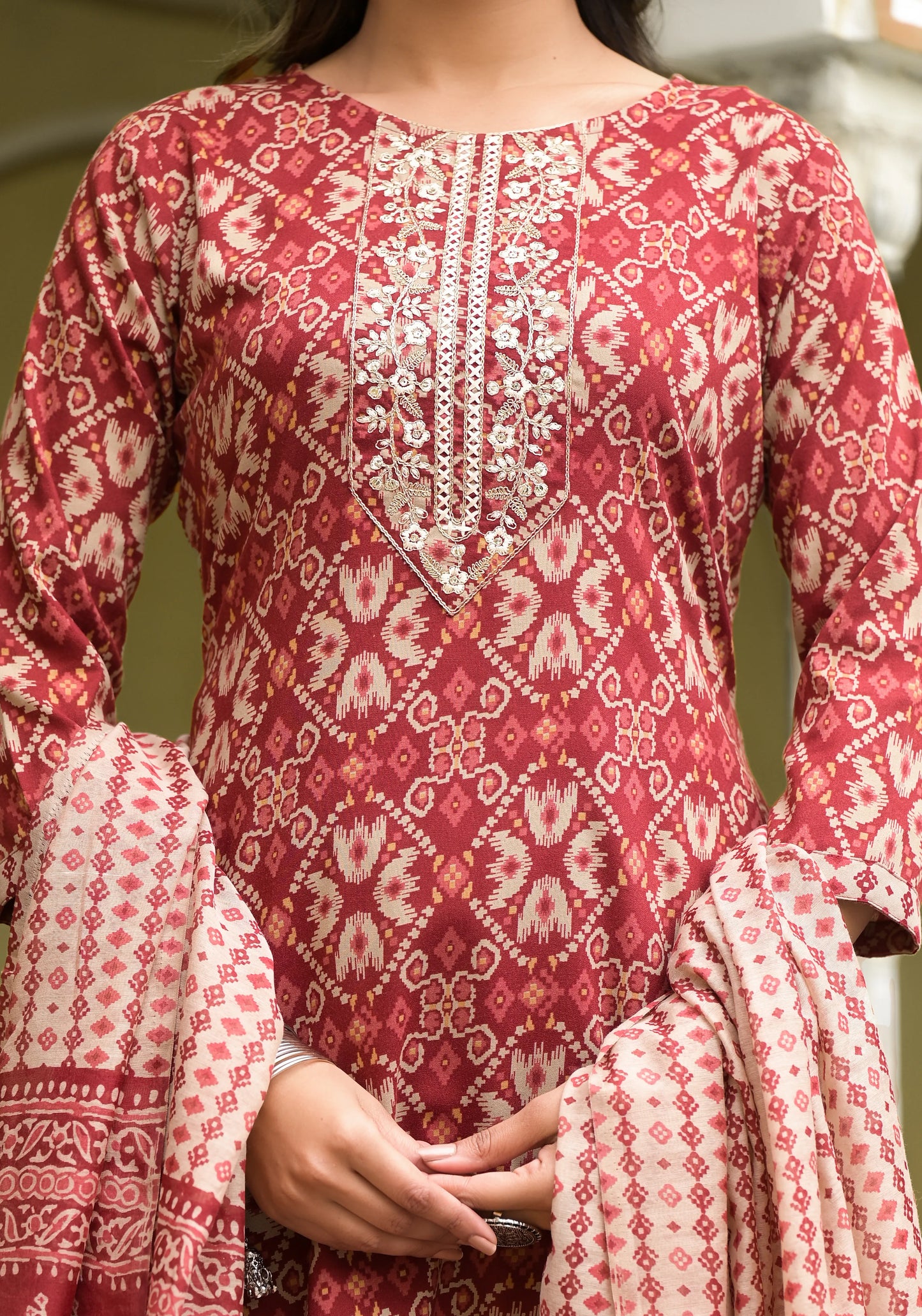 Red Embroiderd with Digital Print Mix Rayon Kurta Set