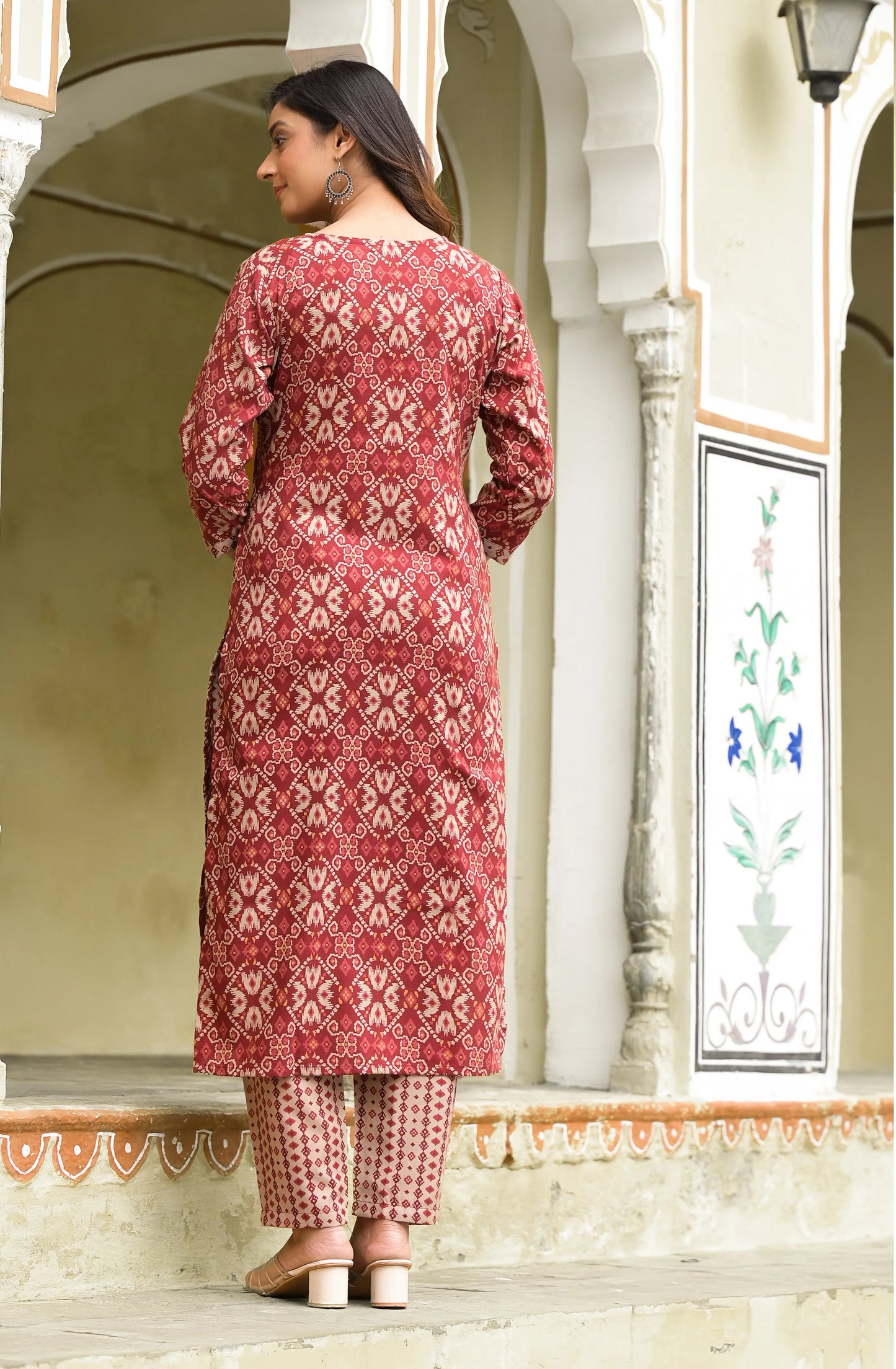 Red Embroiderd with Digital Print Mix Rayon Kurta Set