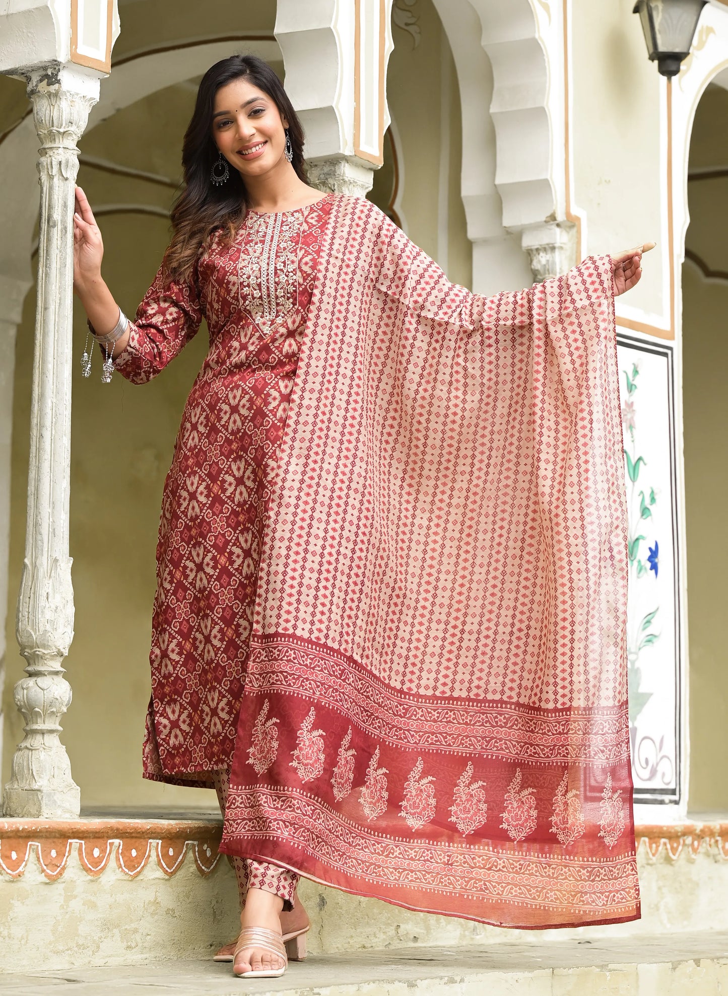 Red Embroiderd with Digital Print Mix Rayon Kurta Set