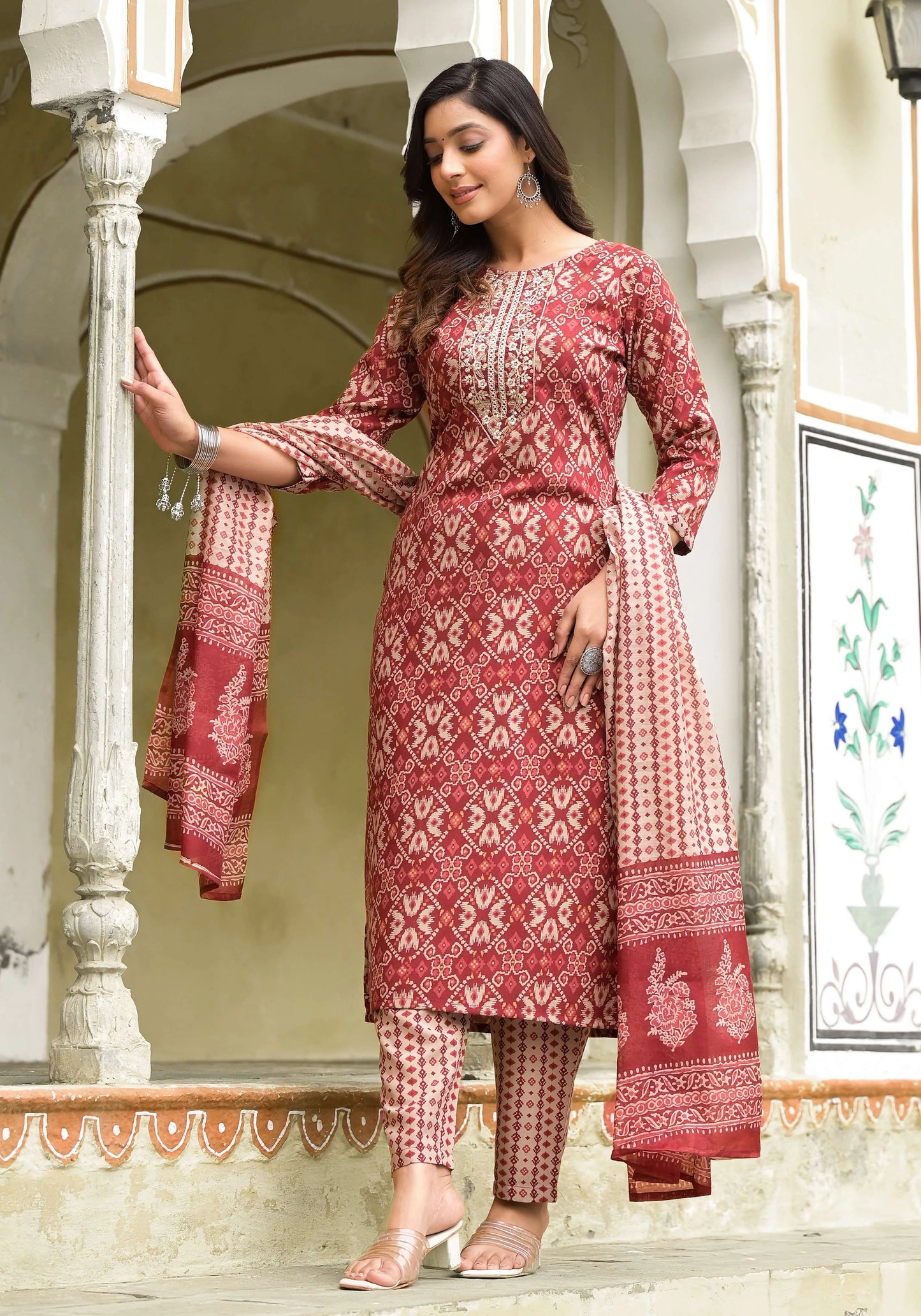 Red Embroiderd with Digital Print Mix Rayon Kurta Set