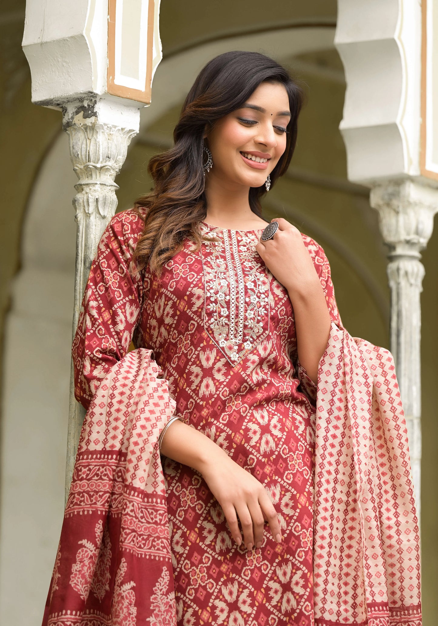 Red Embroiderd with Digital Print Mix Rayon Kurta Set