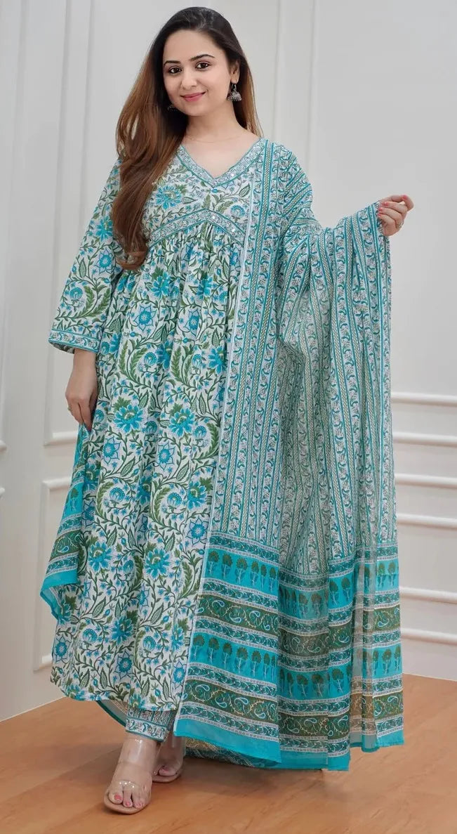 Turquoise Mix Rayon Alia Cut  Block Print Kurta Set