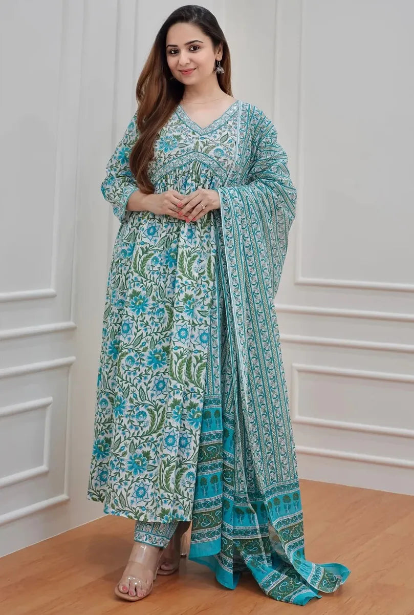 Turquoise Mix Rayon Alia Cut  Block Print Kurta Set