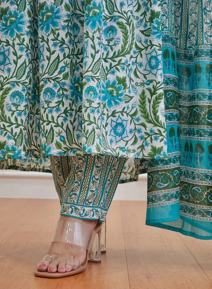 Turquoise Mix Rayon Alia Cut  Block Print Kurta Set