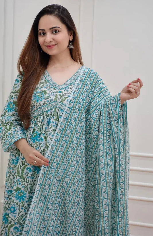Turquoise Mix Rayon Alia Cut  Block Print Kurta Set