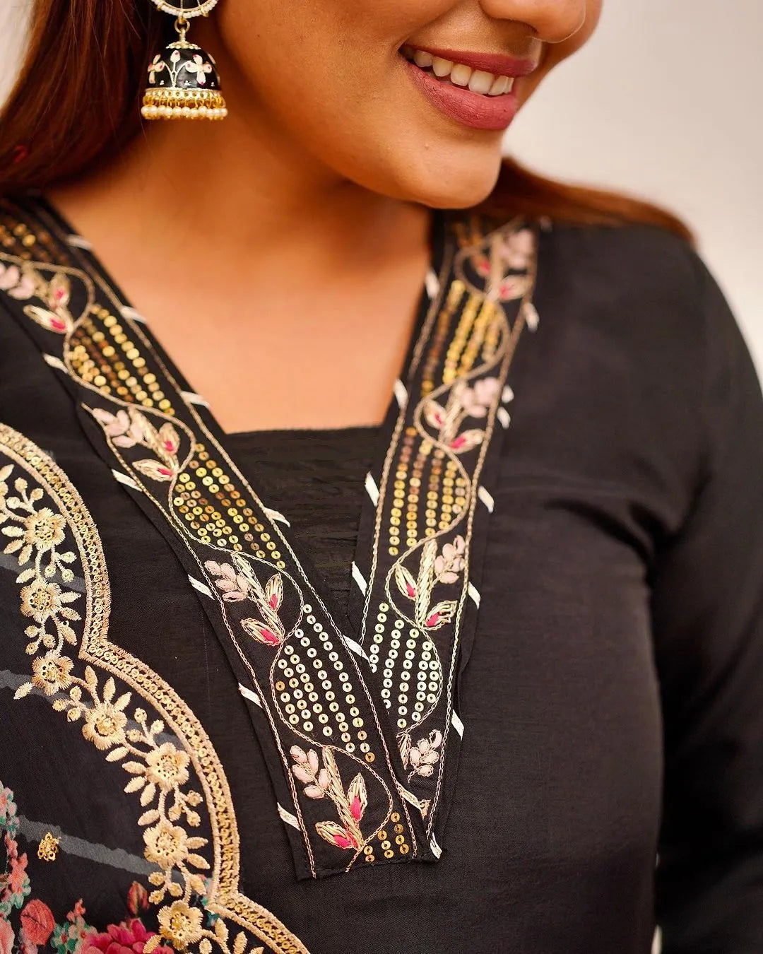 Mix Viscose Black Embroidered Kurta Set