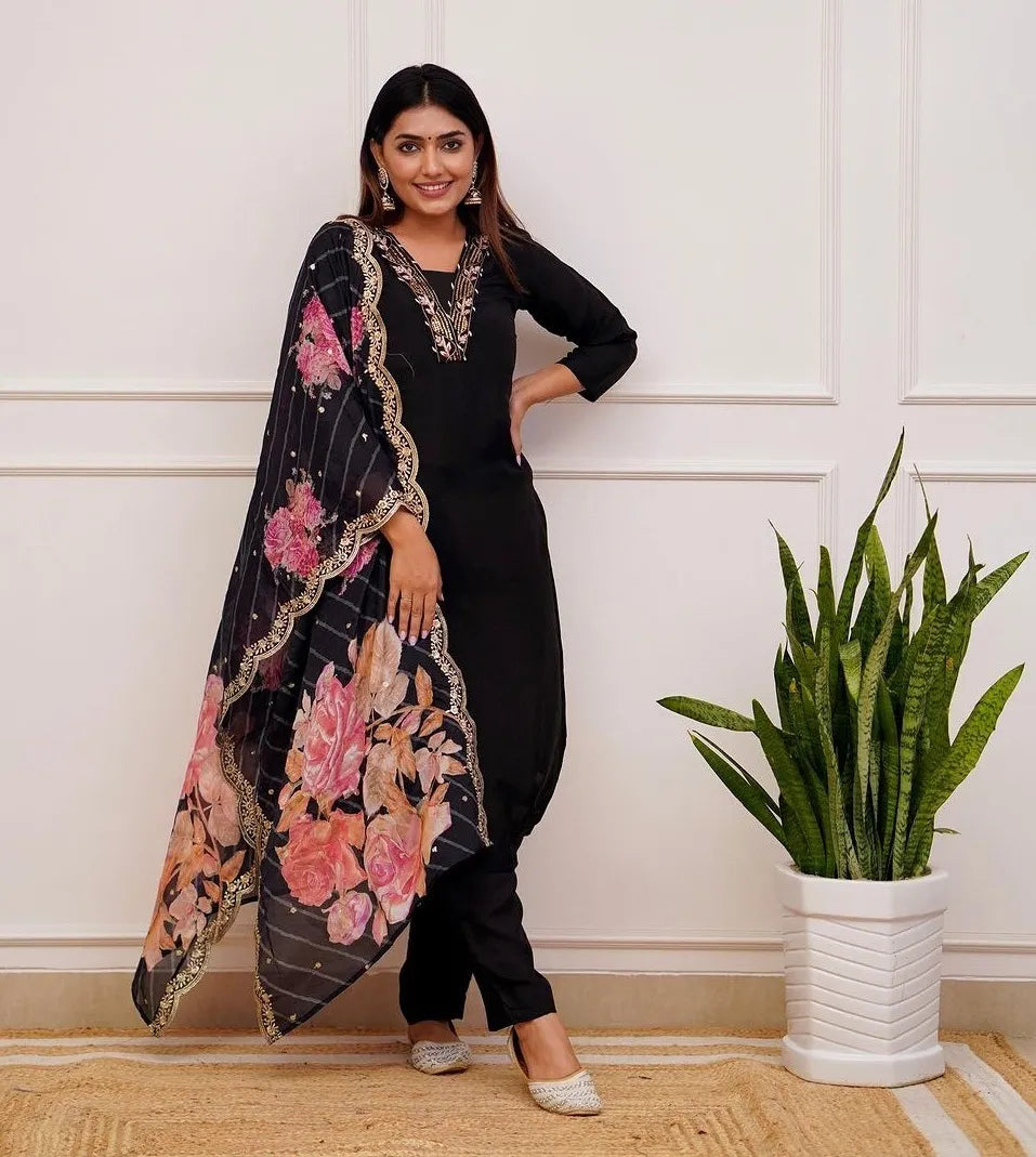 Mix Viscose Black Embroidered Kurta Set