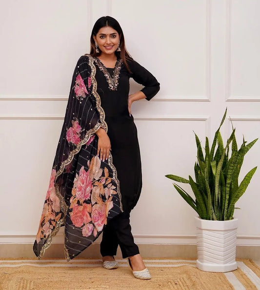 Mix Viscose Black Embroidered Kurta Set