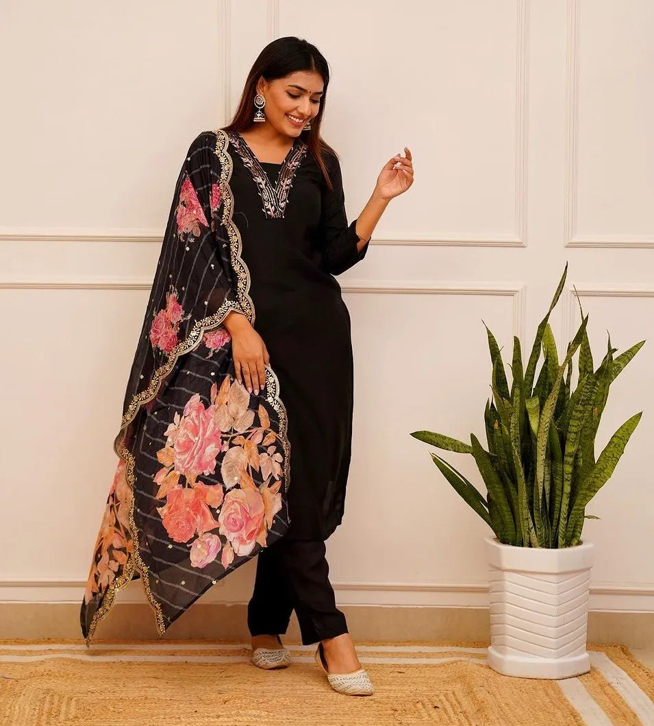 Mix Viscose Black Embroidered Kurta Set