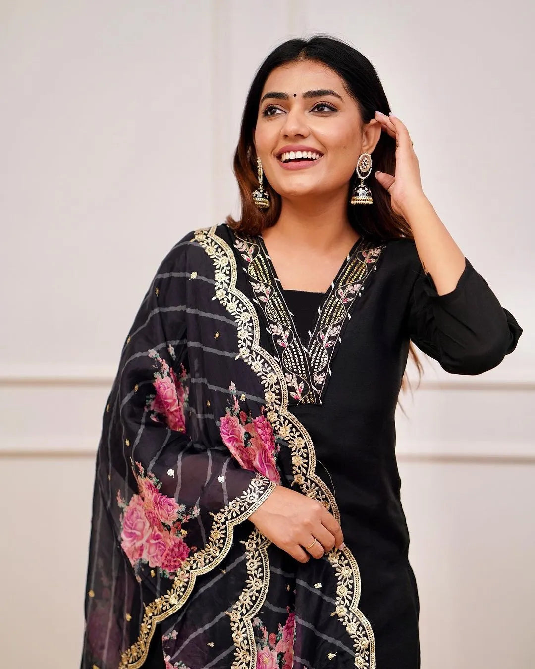 Mix Viscose Black Embroidered Kurta Set